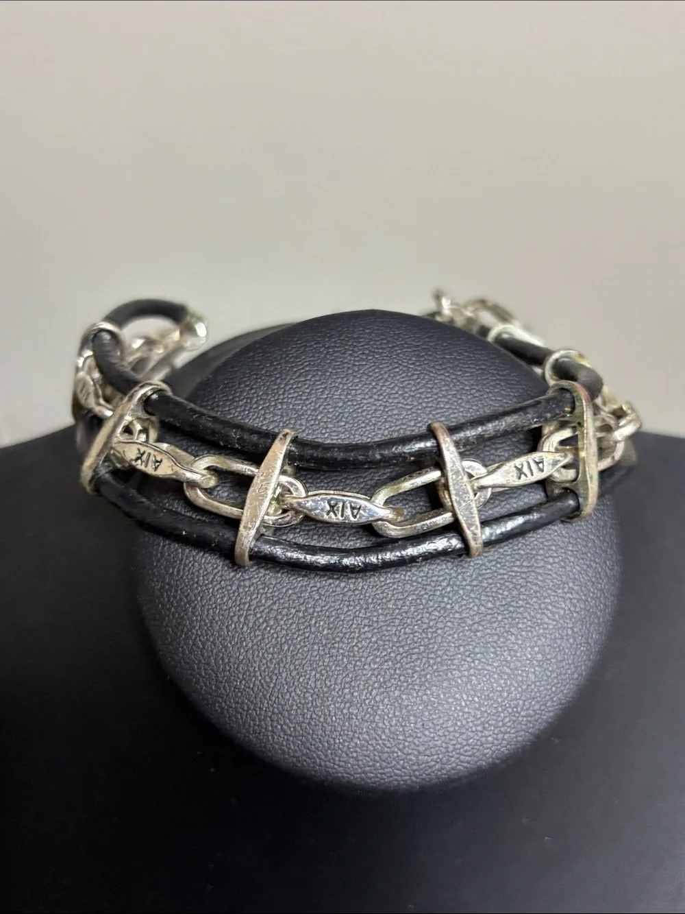 Vintage Armani Black Leather Silver Tone Link Bracelet Unisex